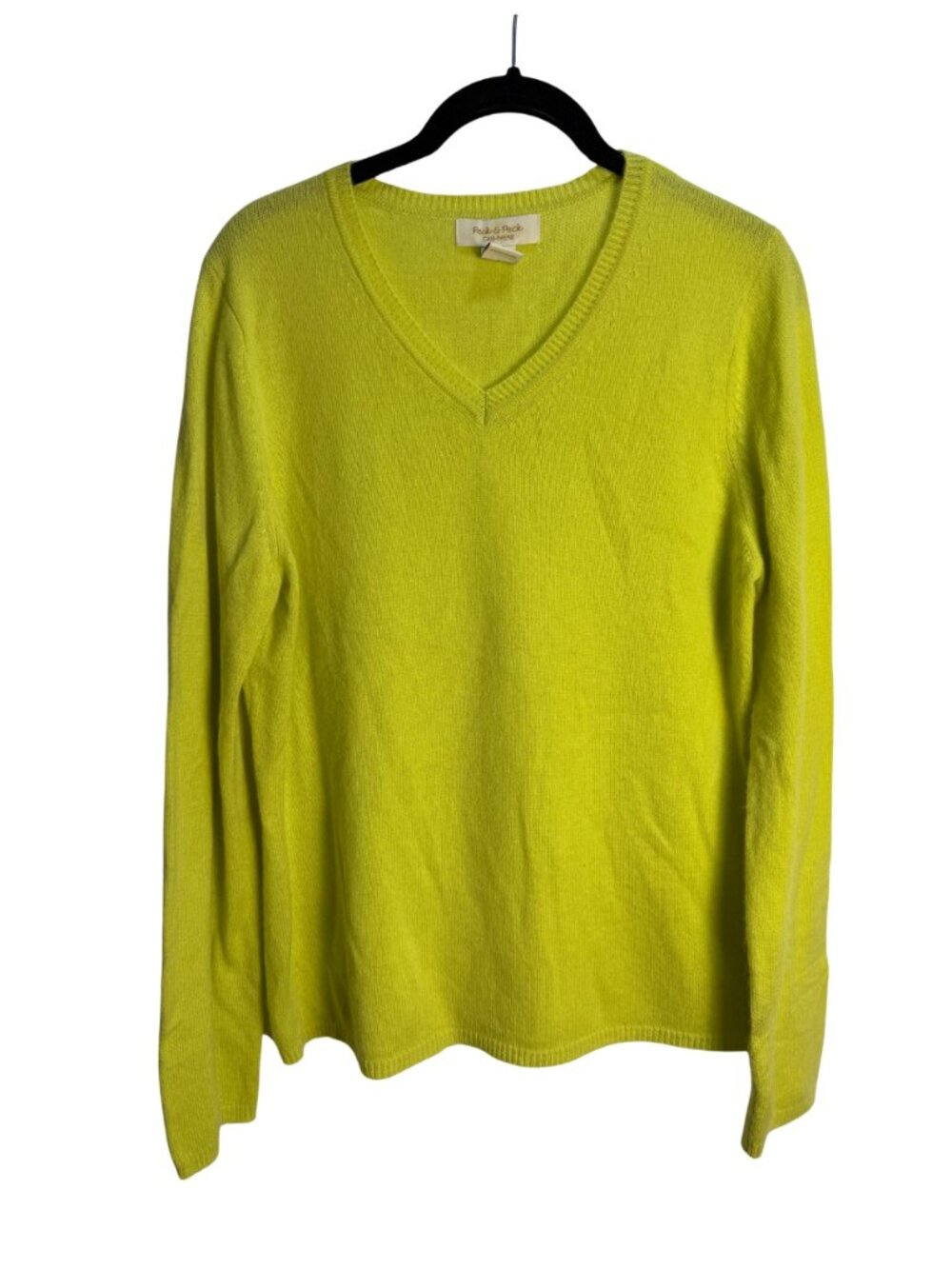 Peck & Peck 100% Cashmere V-Neck Sweater XL Bright Yellow Green